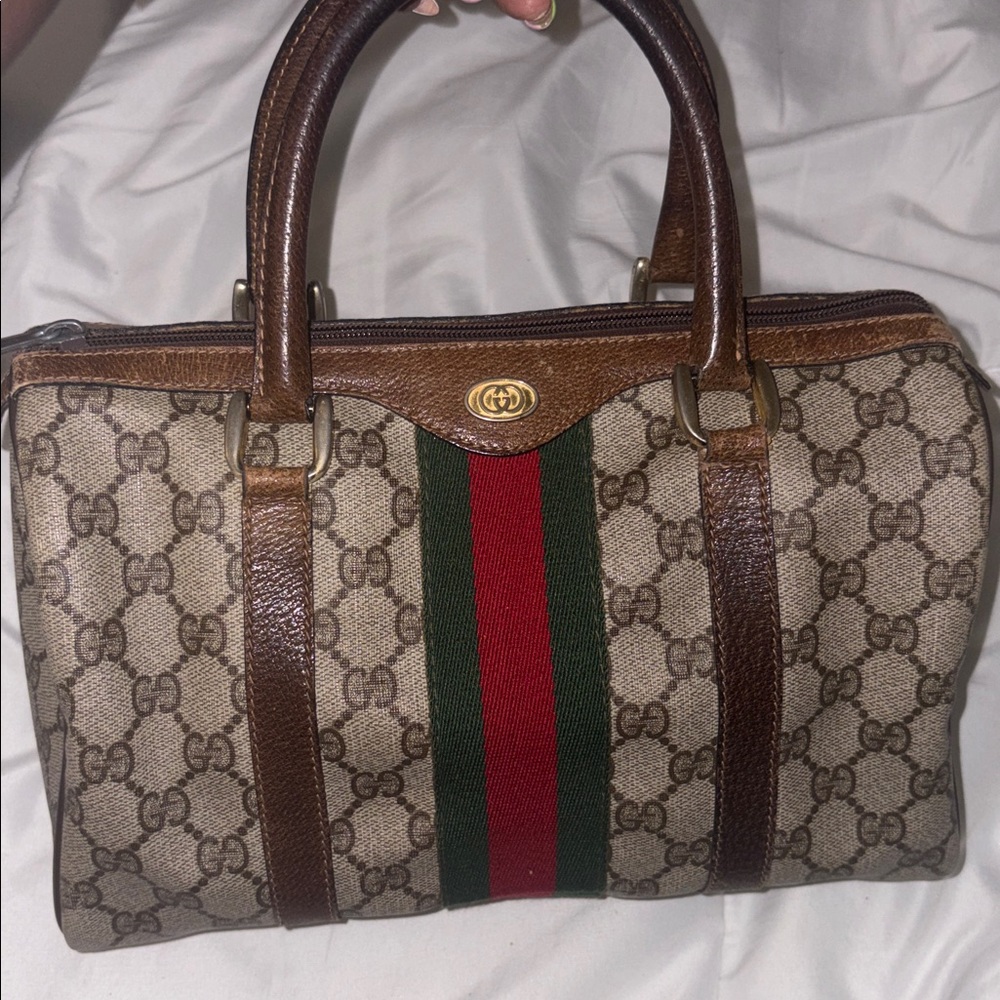 Authentic Gucci Beige and Brown Satchel Stripe/ free gift w purchase - Picture 8 of 8